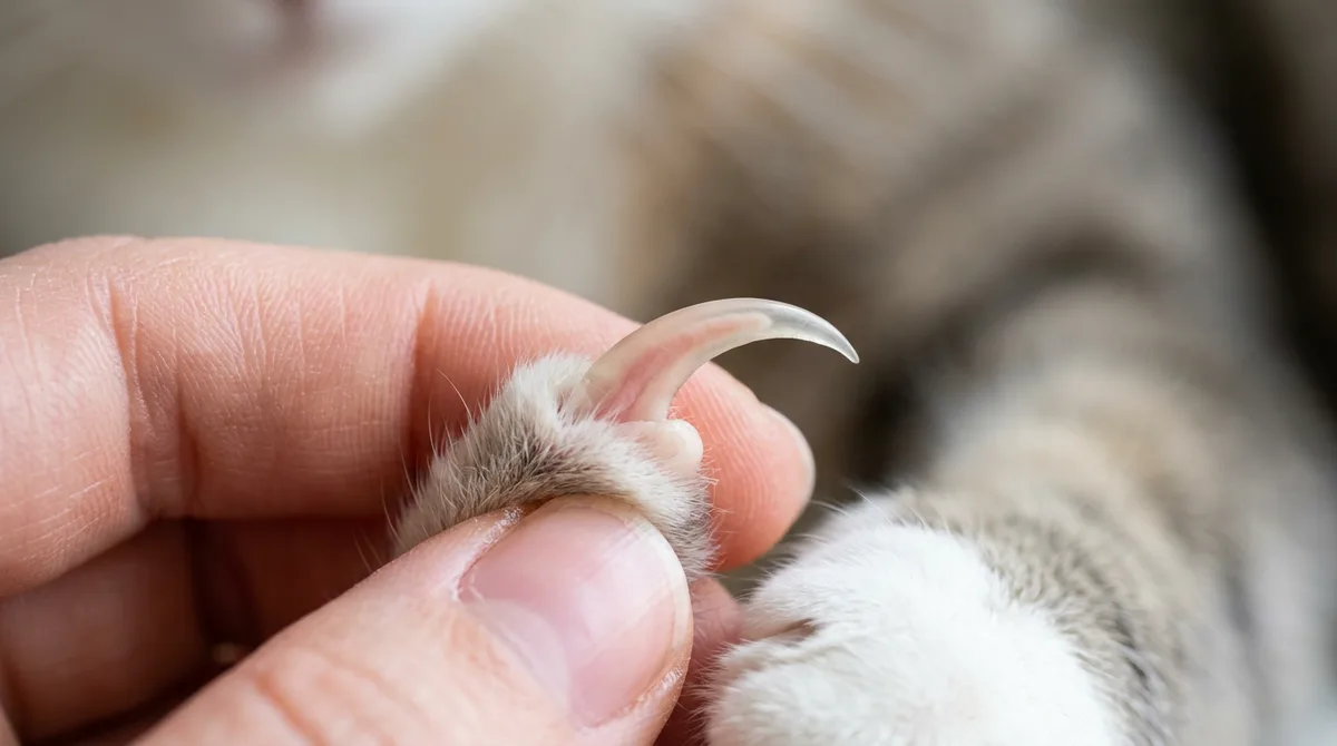 Close-up of a pale cat claw showing the translucent tip and the faint pink quick inside