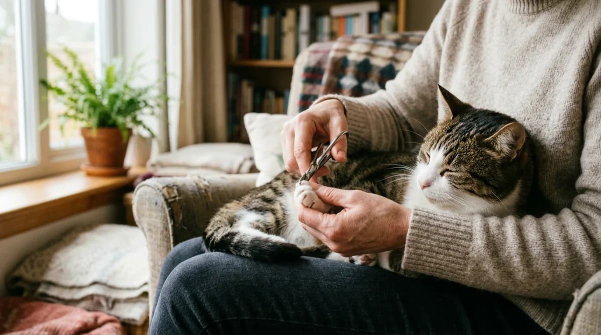 A small scissor-style clipper trimming a front claw of a relaxed brown and white cat in a lap