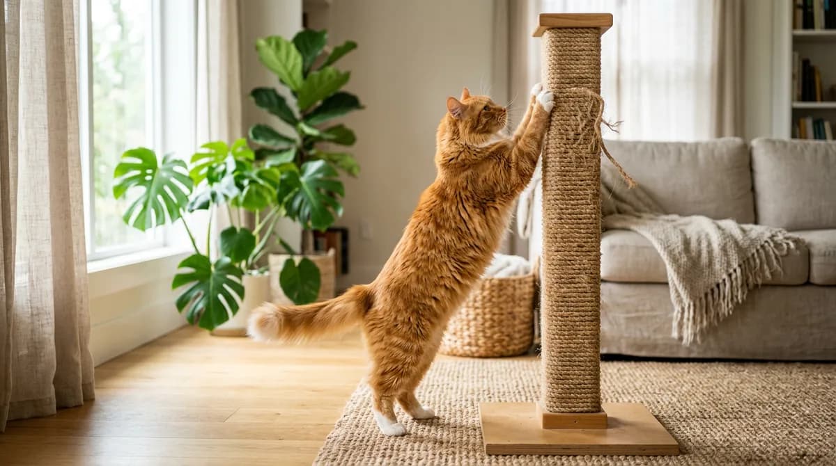 An orange cat stretching up to scratch a tall sisal scratching post for natural claw maintenance