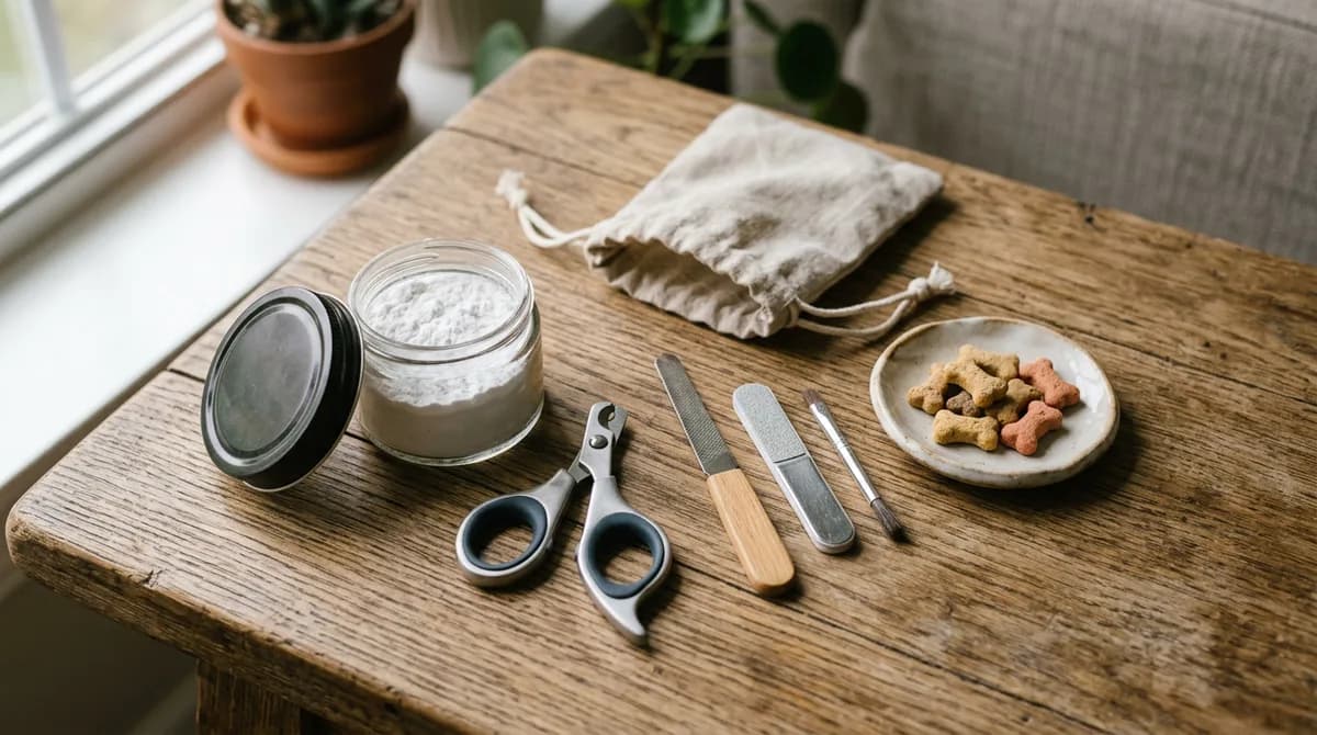 A cat nail trim kit: an open jar of styptic powder, a scissor-style clipper, and treats on wood