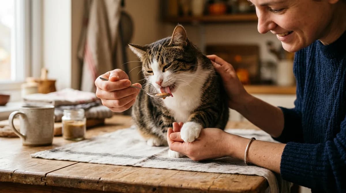 A cat licking a treat off a spoon while a hand rests on its paw, building a positive nail-trim routine