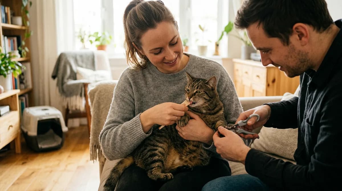 Two people trimming a cat's nails together, one offering a treat while the other clips a claw