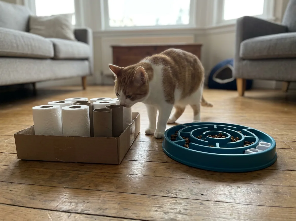 Orange-and-white cat sniffing a homemade cardboard toilet-roll treat puzzle next to a teal store-bought maze puzzle feeder on a wooden floor
