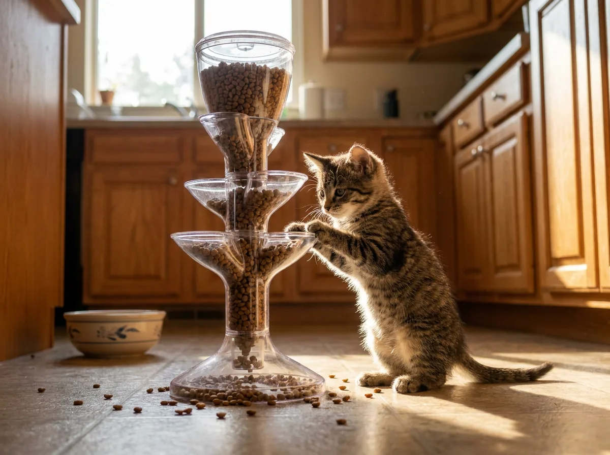 Tabby kitten standing on hind legs pawing kibble from a tall clear food tree feeder in a warm morning-lit kitchen, kibble scattered on the floor