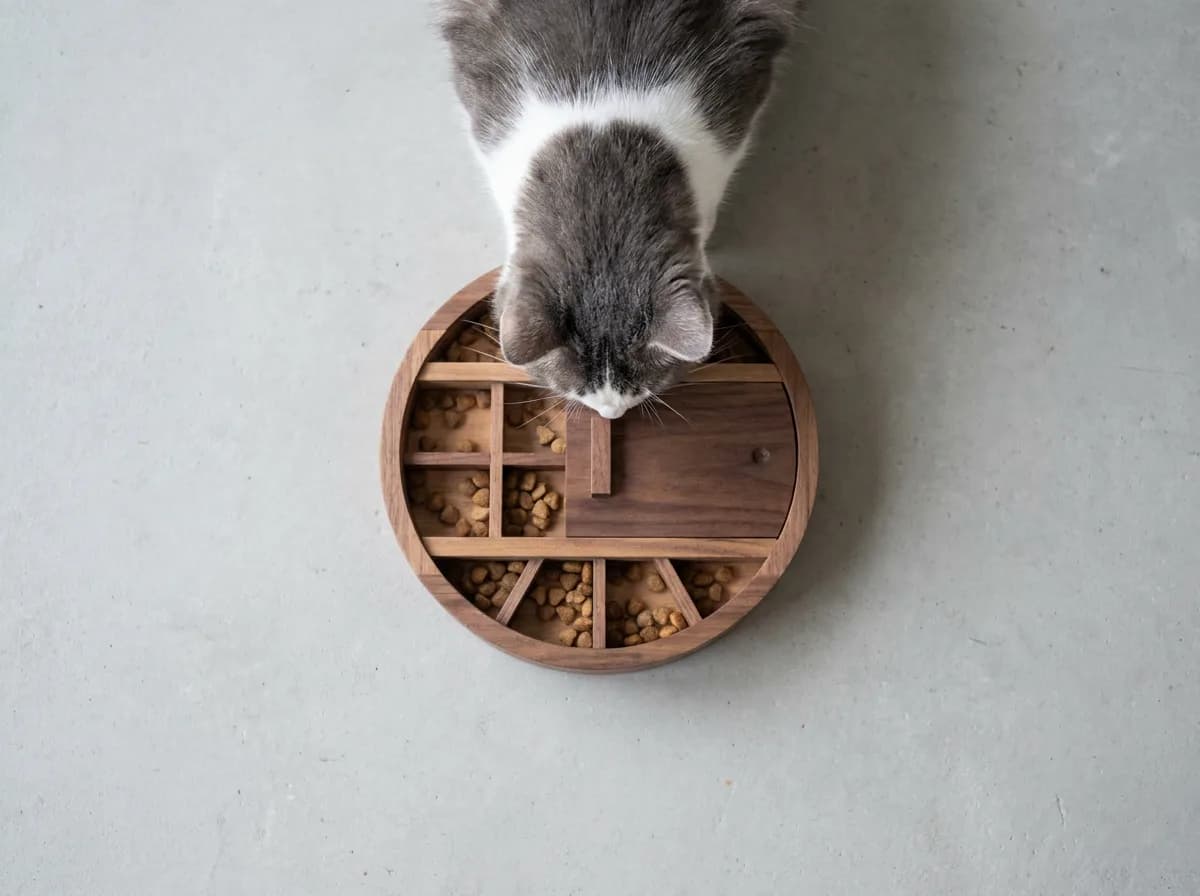 Top-down view of a gray-and-white cat working a treat puzzle board, nosing a sliding piece to move treats out of the kibble compartments on a round wooden puzzle box