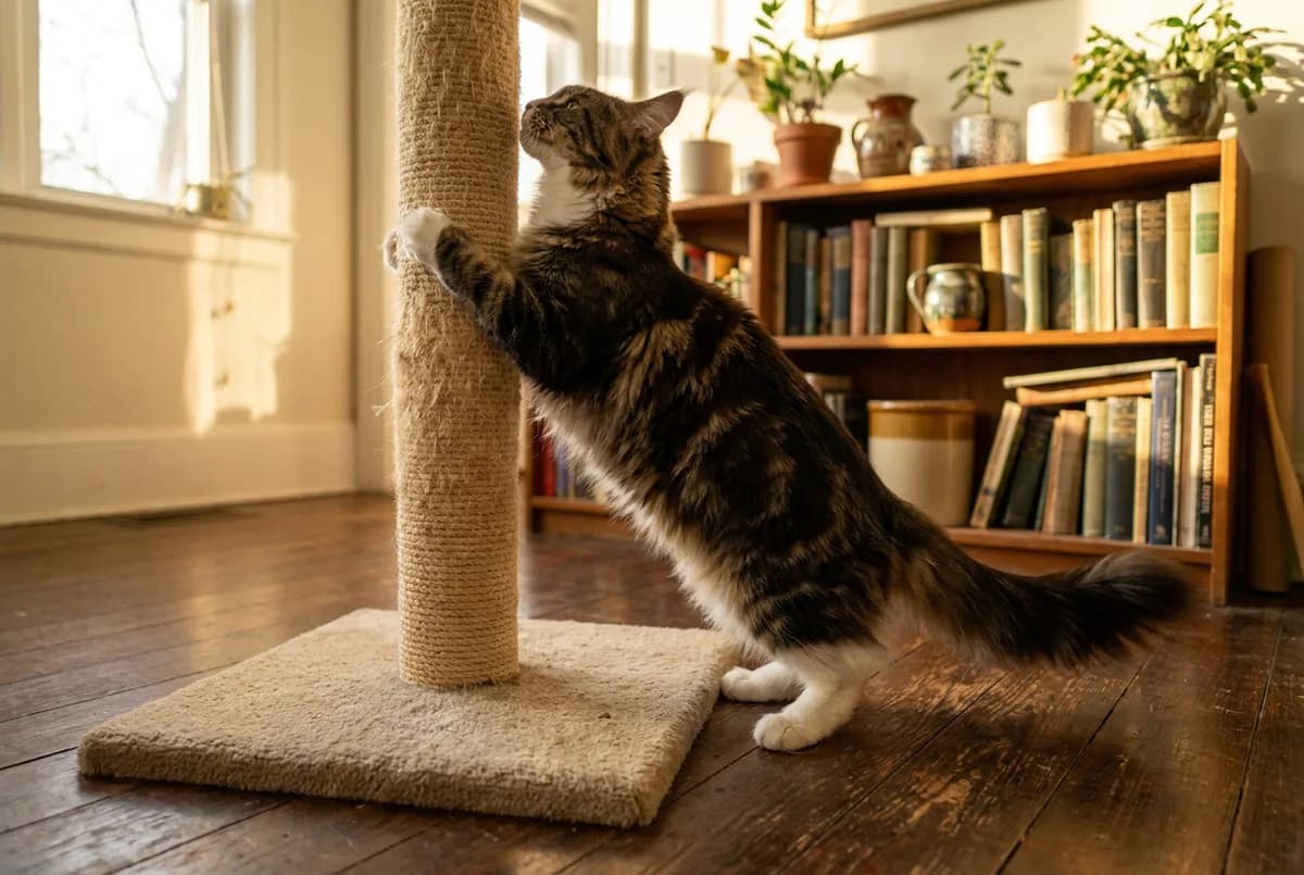 Large long-haired tabby and white cat gripping a tall sisal scratching post with a wide carpeted base on a hardwood floor, the post standing steady under its full weight