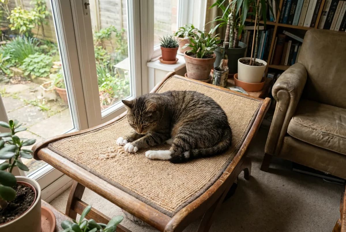 Tabby cat kneading a low wood-framed sisal lounger set beside a bright window