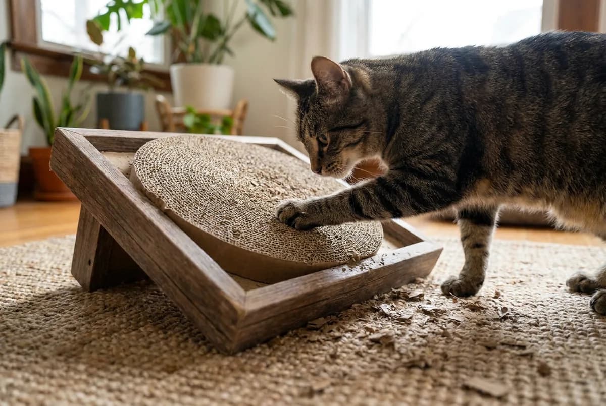 Tabby cat pawing a rounded corrugated cardboard scratcher propped on an angled wooden frame, with cardboard shavings on the rug
