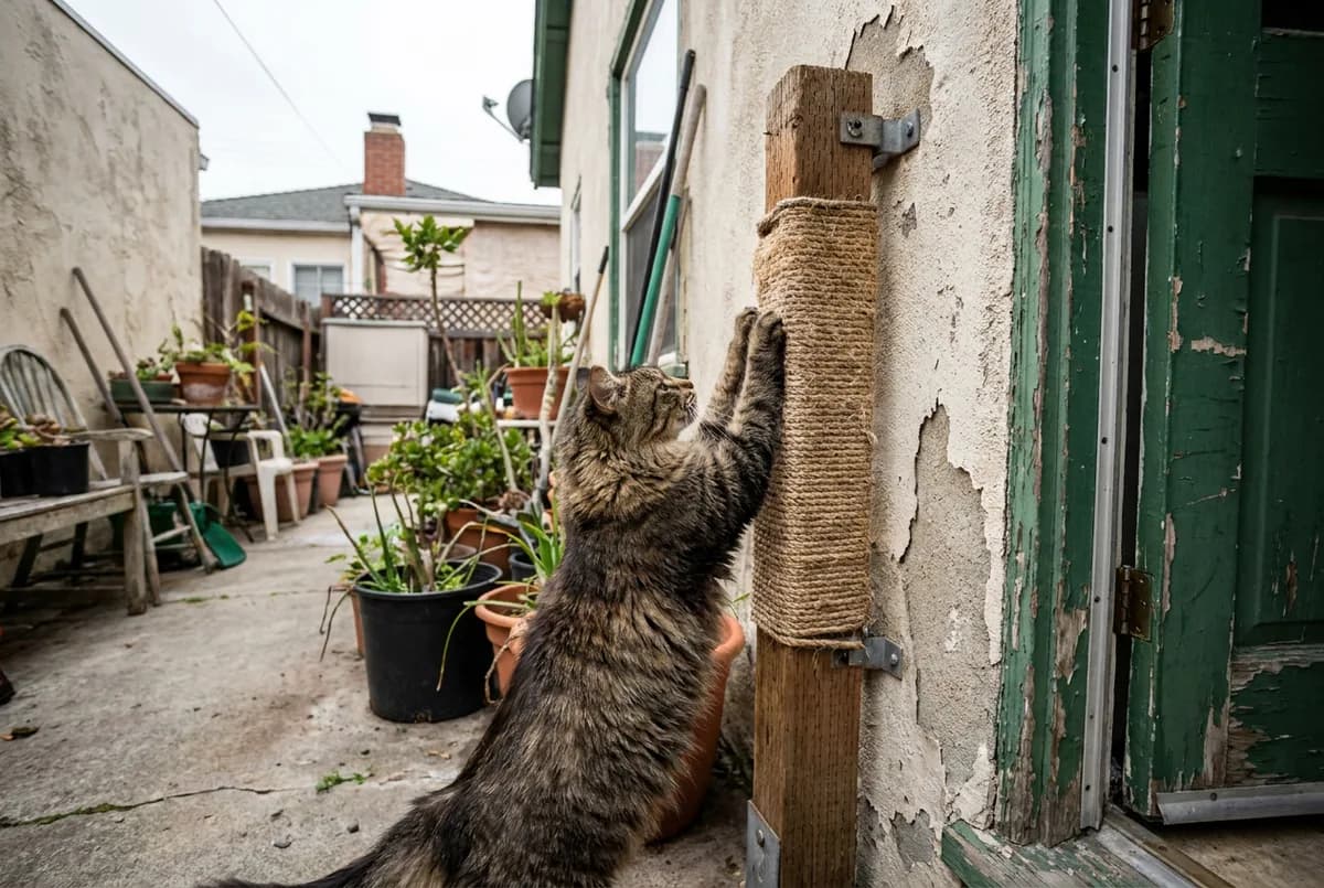 Tabby cat reaching up a slim sisal-wrapped post mounted to a wall beside a weathered green door frame