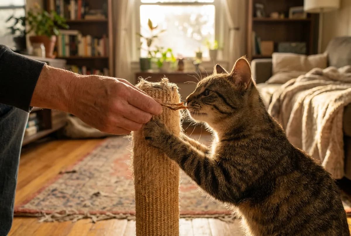 A hand holding a treat near the top of a sisal post while a young tabby cat reaches up and sniffs at it