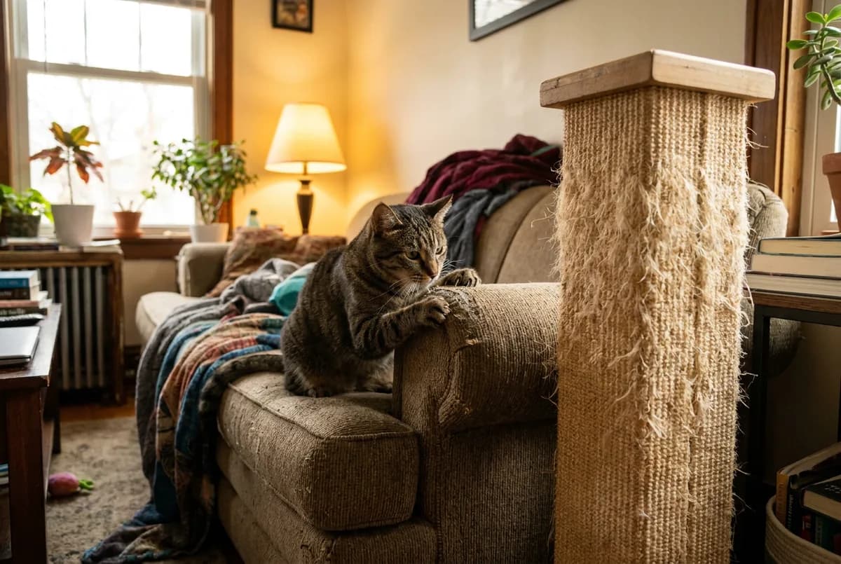 Tabby cat with its claws on a sofa arm next to a tall shredded sisal post standing right beside the same sofa corner