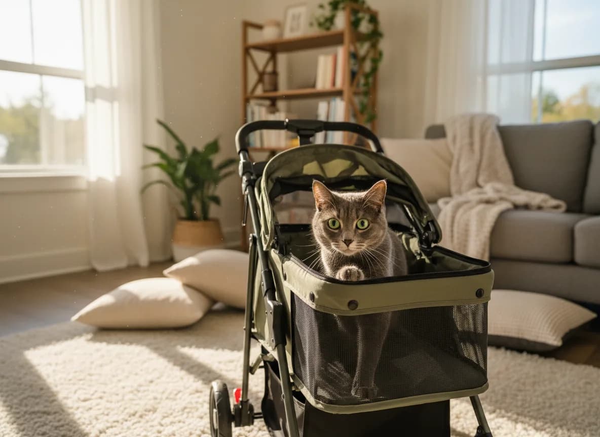 A curious gray cat stepping into an open stroller set out on a living room floor at home