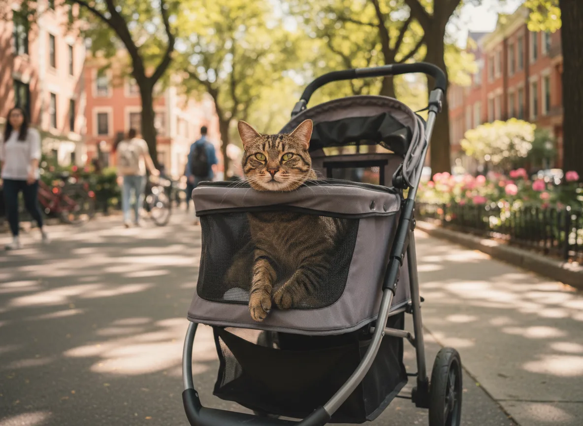 A relaxed tabby cat watching the world through the mesh window of a pet stroller on a tree-lined sidewalk walk