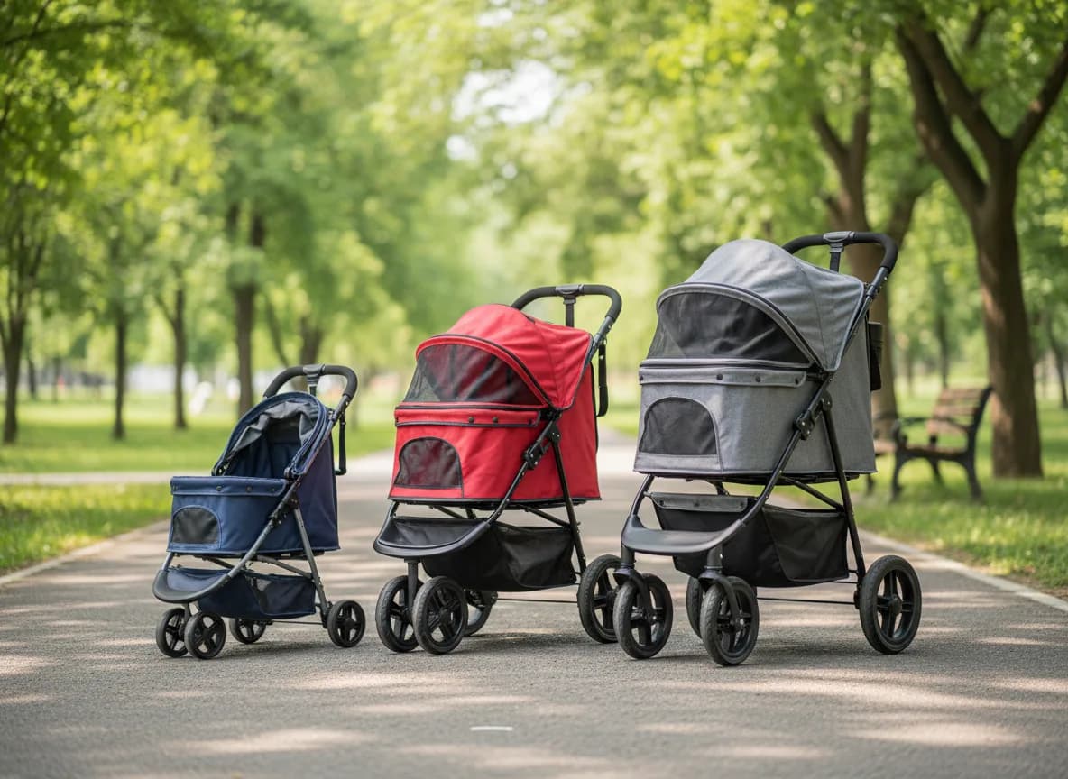 Three cat strollers of increasing size lined up on a sunny park path, from lightweight to heavy-duty