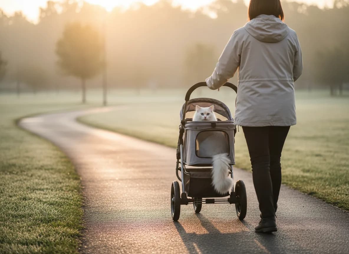 A person pushing a cat stroller along a park path at sunrise with a white cat watching through the mesh