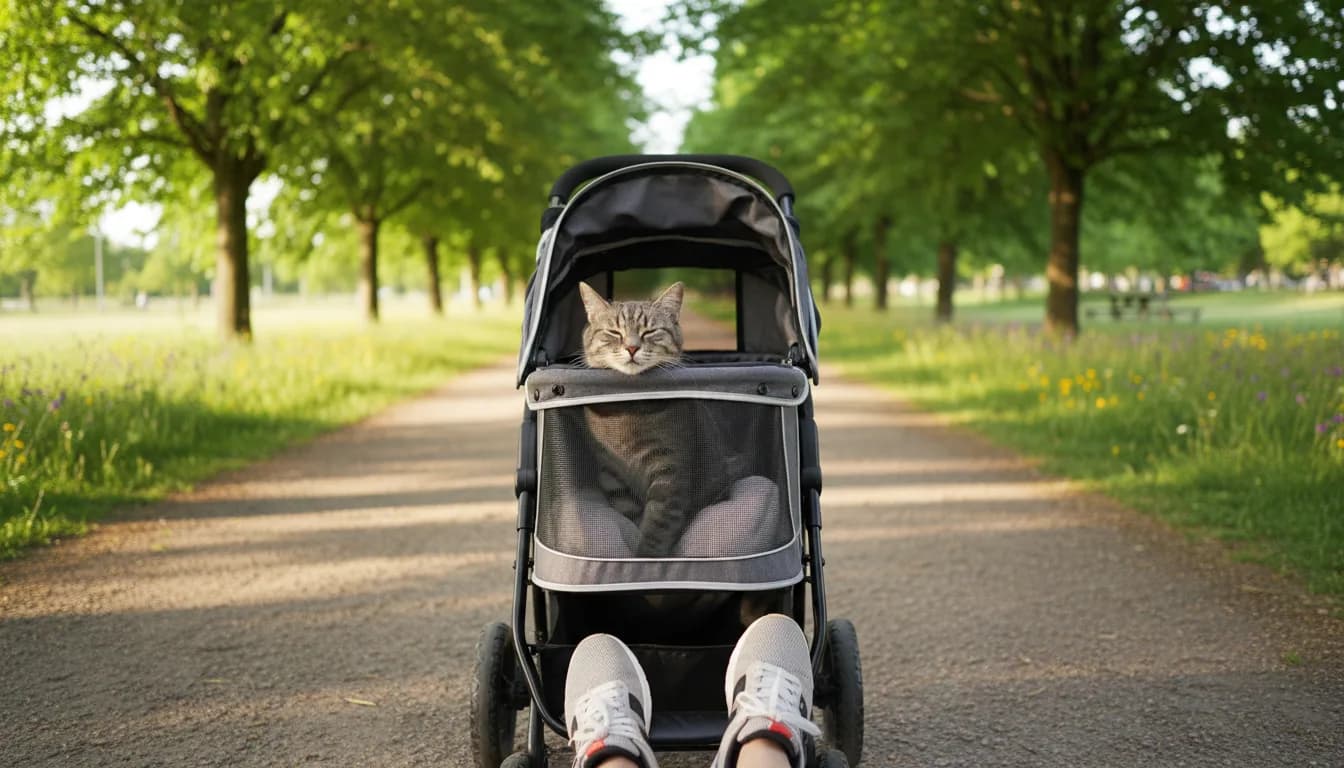 A relaxed cat riding in a mesh-windowed pet stroller pushed along a sunny park path