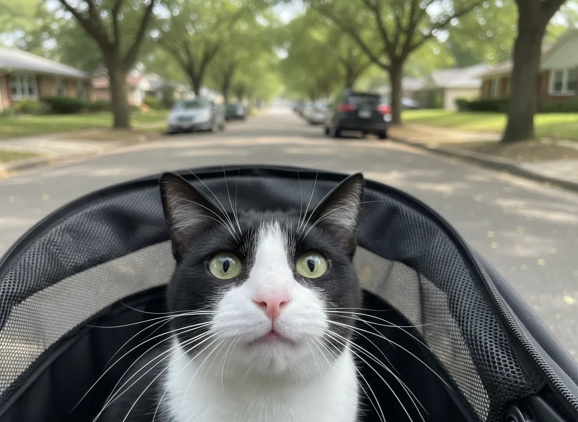 A wide-eyed indoor cat peering out of a stroller mesh window on a quiet residential street