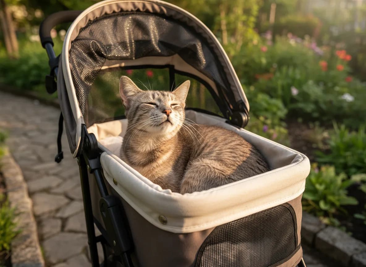 A grey-muzzled senior cat resting on the padded bed of a stroller in a sunny garden