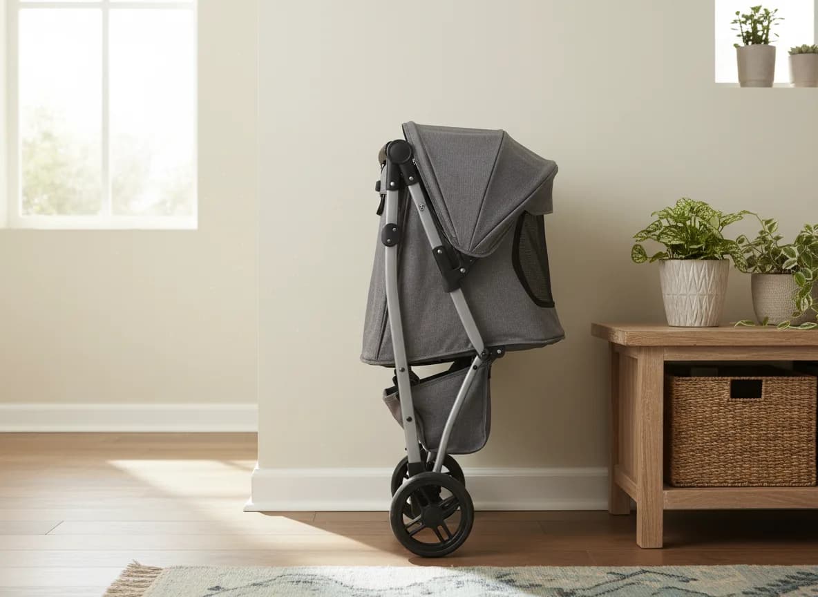 A folded-flat cat stroller leaning against a wall in a bright home entryway, showing how compactly it stores