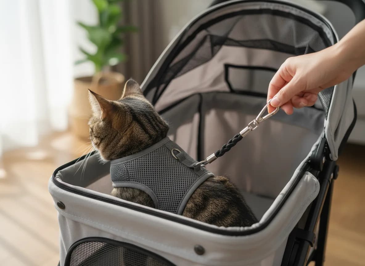 Close-up of an interior safety tether clipping to a cat's harness inside an open stroller cabin