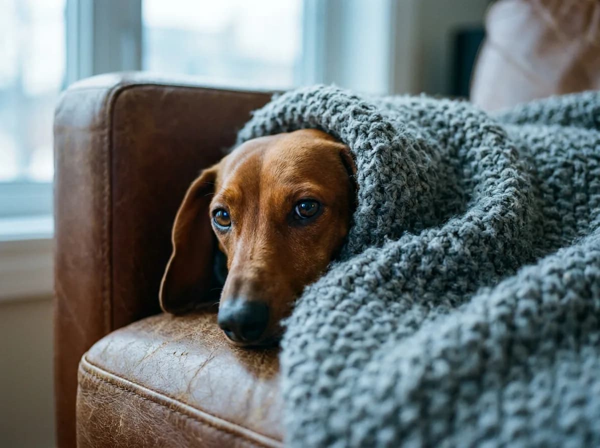 Red dachshund peeking out from under a chunky gray knit blanket on a brown leather sofa