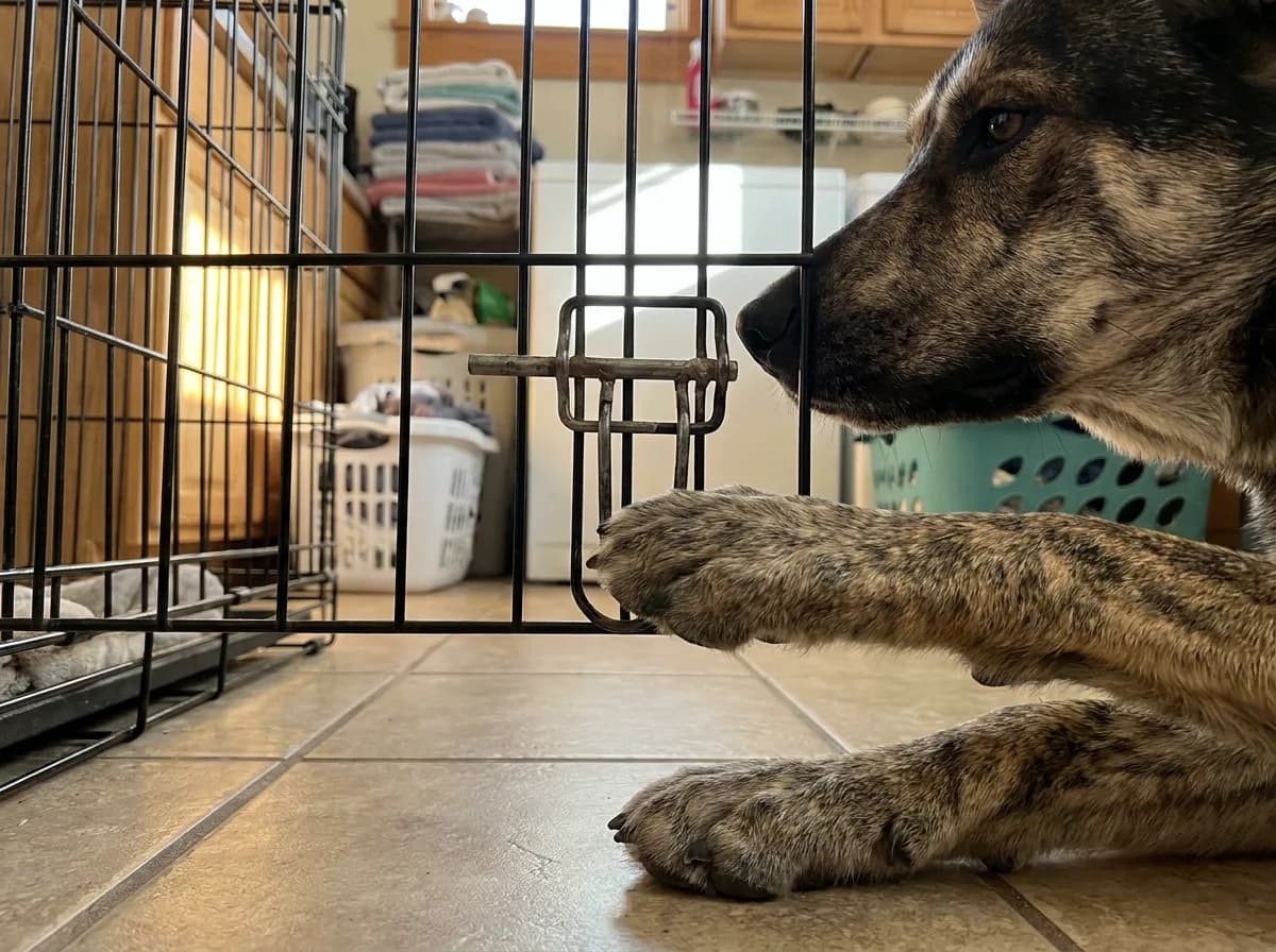 Brindle dog pawing at the slide latch of a black wire crate door in a laundry room