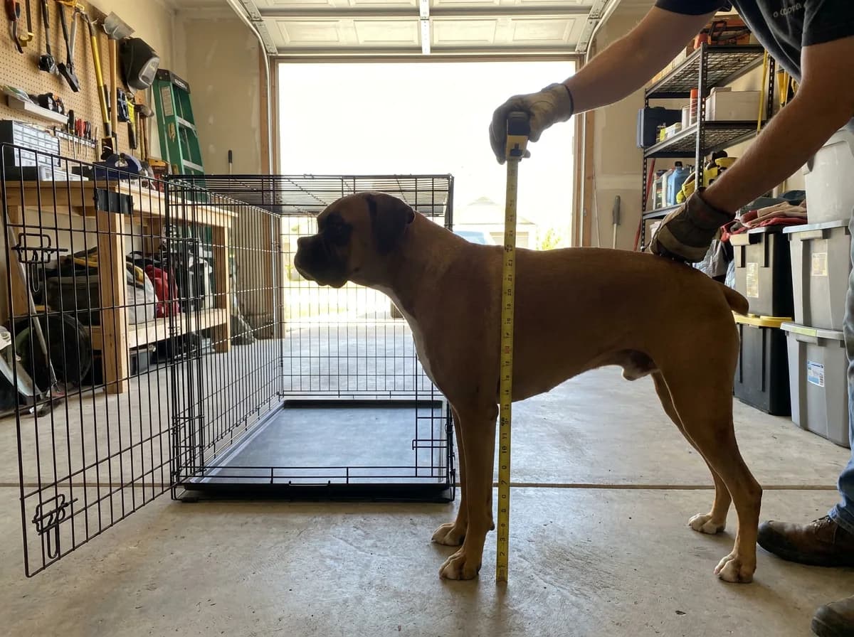 Person holding a tape measure from a standing boxer's shoulders to the floor beside an open wire crate in a garage