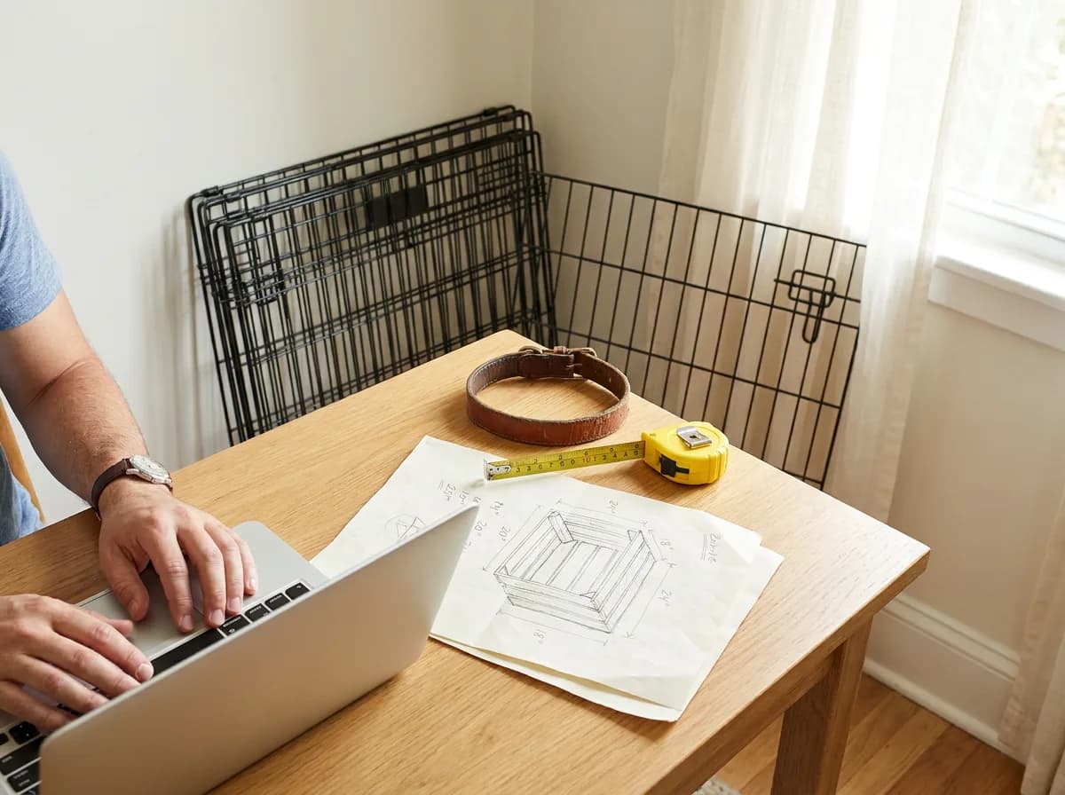 Person at a laptop beside a hand-drawn crate sketch, tape measure and dog collar, with a folded wire crate leaning on the wall behind