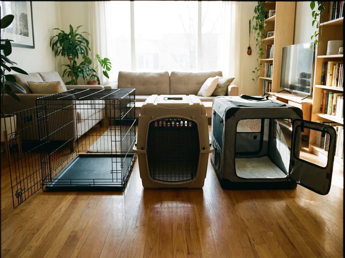 Wire crate, molded plastic travel kennel and gray soft-sided fabric crate lined up with doors open on a living room floor