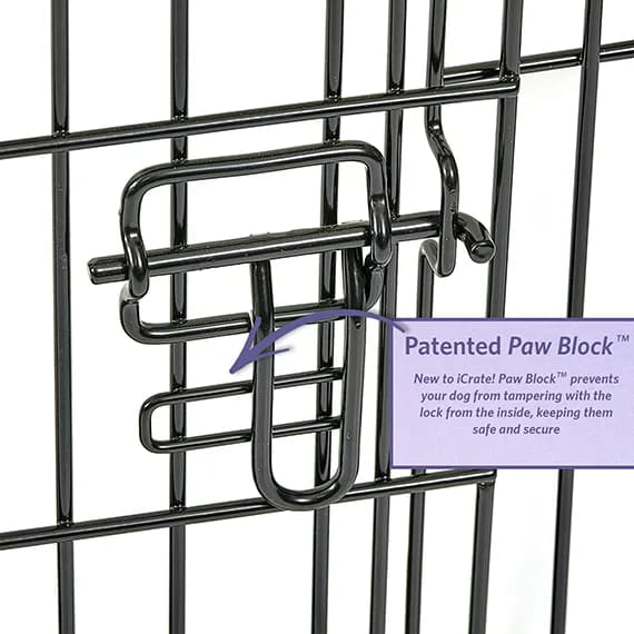 Close view of the MidWest iCrate door latch and Paw Block design