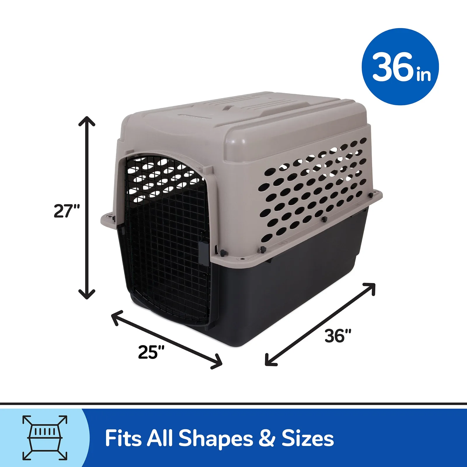 Manufacturer photo labeling the 36-inch Vari Kennel exterior dimensions