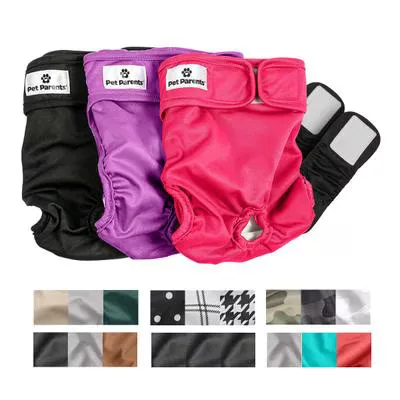 Pet Parents washable dog diapers shown in black, purple, and pink with adjustable reusable closures