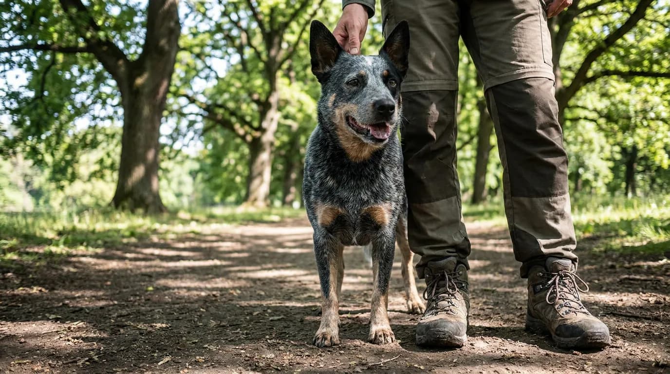 Australian Cattle Dog standing beside its owner on a wooded path.