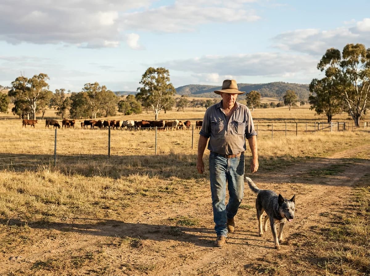 Australian Cattle Dog and handler walking across a paddock with livestock in the distance.