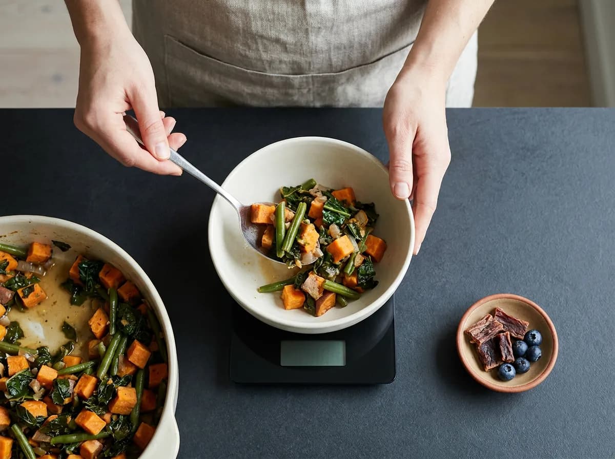 Hands measuring meal portions on a kitchen scale beside a separate dish of training rewards.