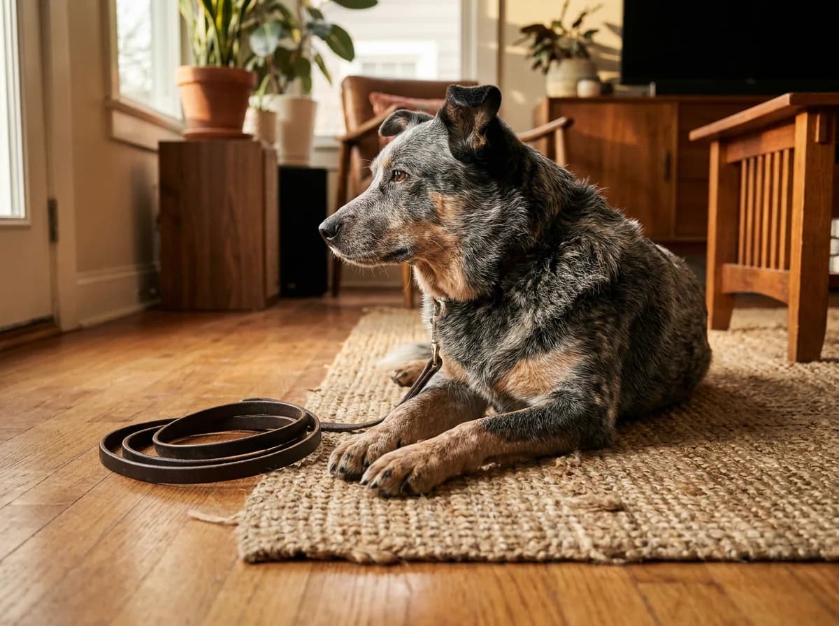 Australian Cattle Dog resting on a rug beside a coiled leash.