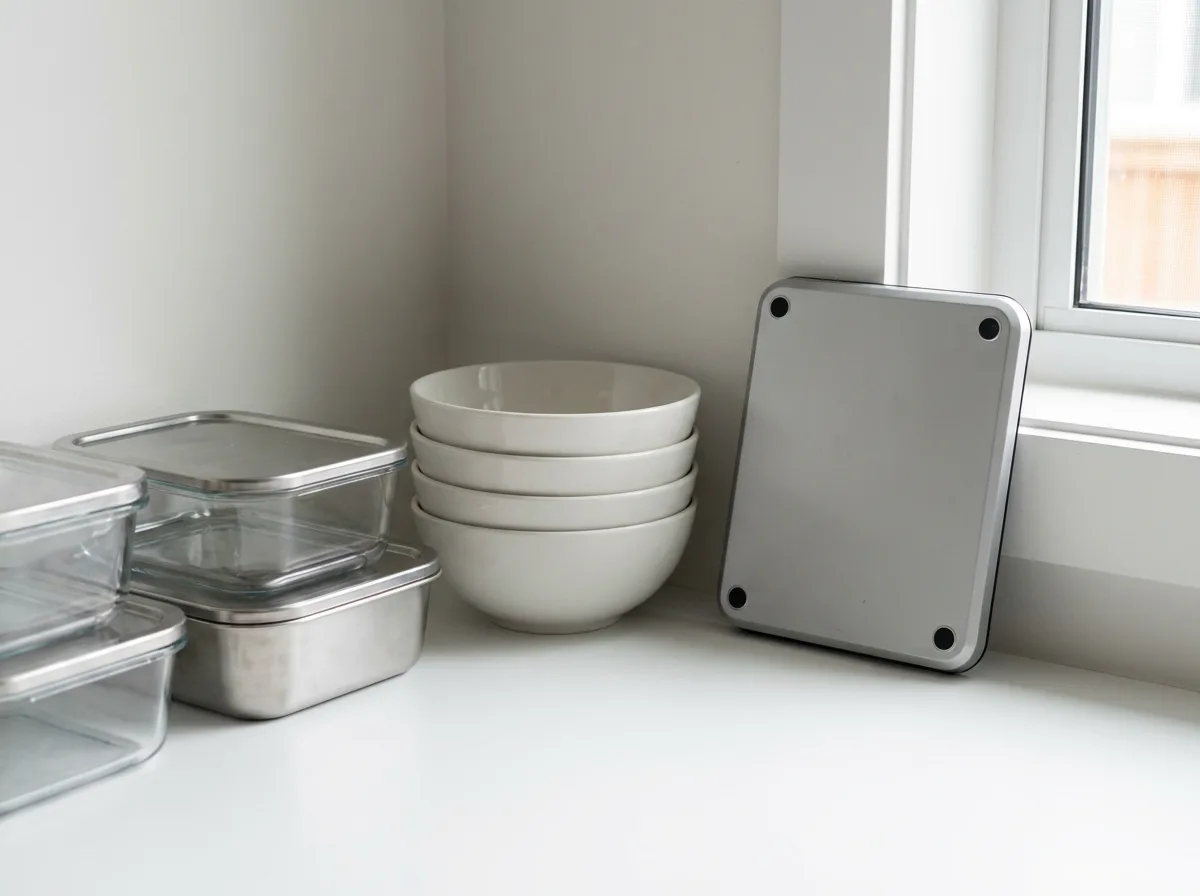 Lidded containers, stacked empty bowls, and the back of a kitchen scale on a white counter.