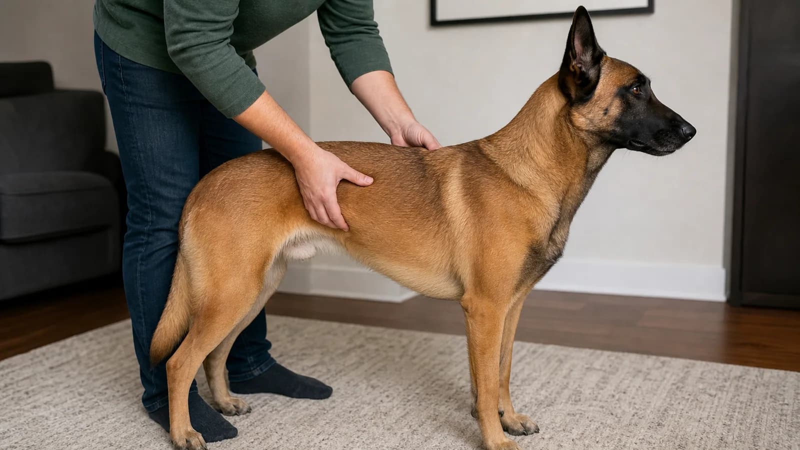 An owner gently checking a Belgian Malinois at the ribs and waist to assess body condition