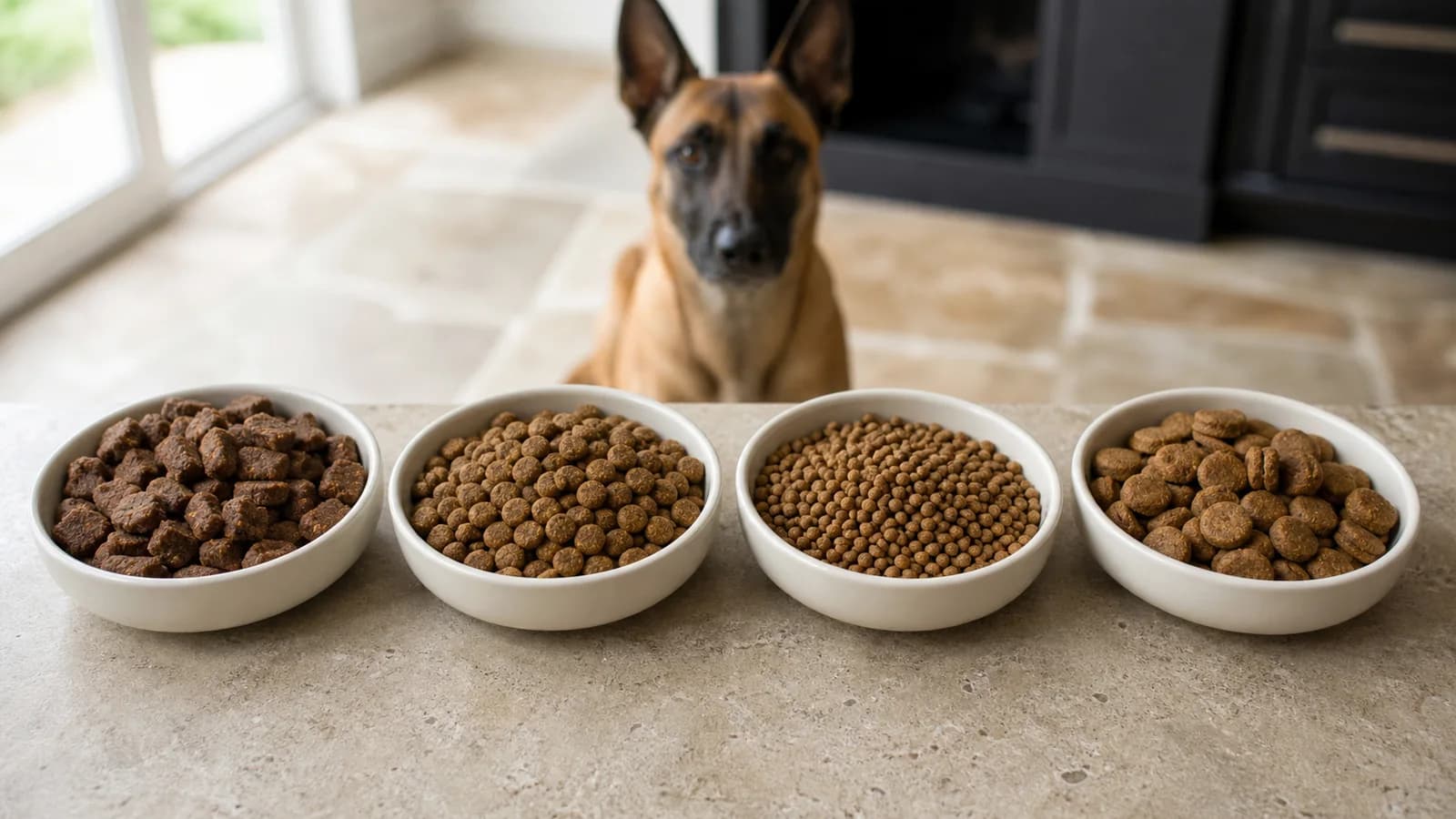 Four unbranded bowls of dry dog food with visibly different kibble shapes arranged for a Belgian Malinois feeding comparison