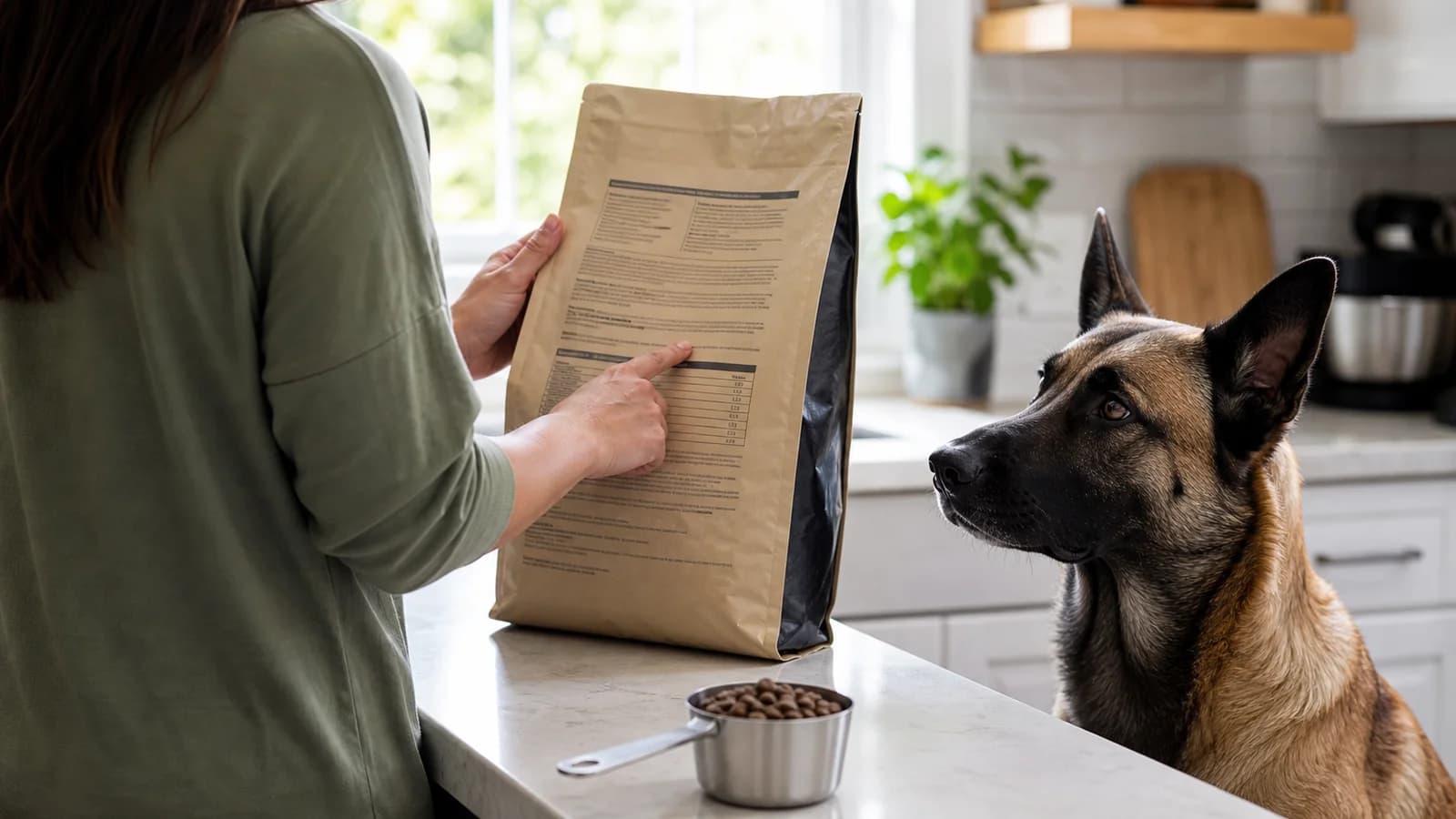 A dog owner reading the nutritional adequacy statement and calorie panel on an unbranded dog food bag beside a Belgian Malinois