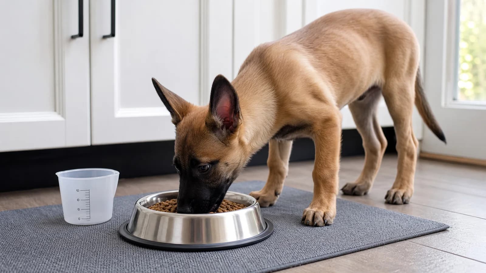 A Belgian Malinois puppy eating a small measured meal from a stable nonslip bowl in a quiet kitchen