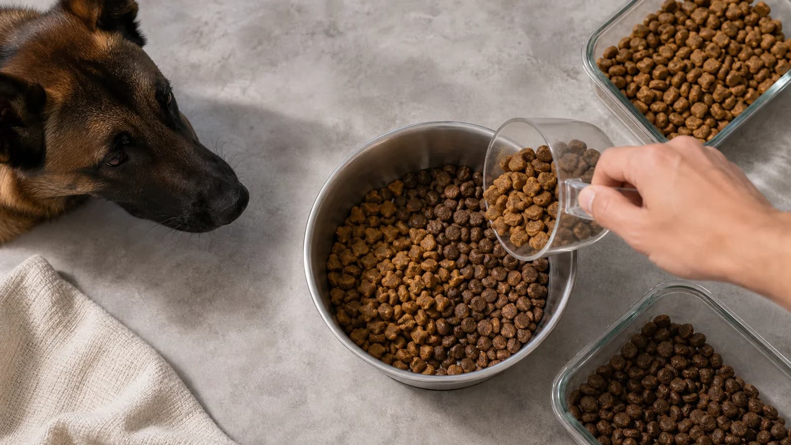Old and new dry dog foods being measured into one bowl with an unbranded scoop during a gradual seven-day transition