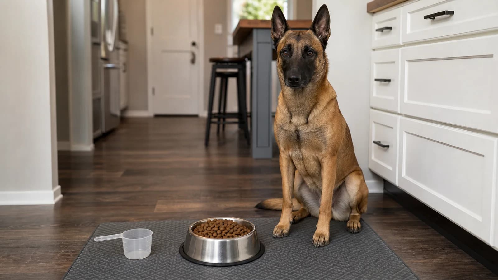 An athletic adult Belgian Malinois sitting beside a stainless-steel bowl holding a measured portion of dry dog food in a bright home kitchen