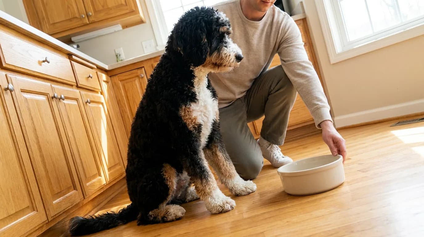 Bernedoodle beside a feeding station at home.