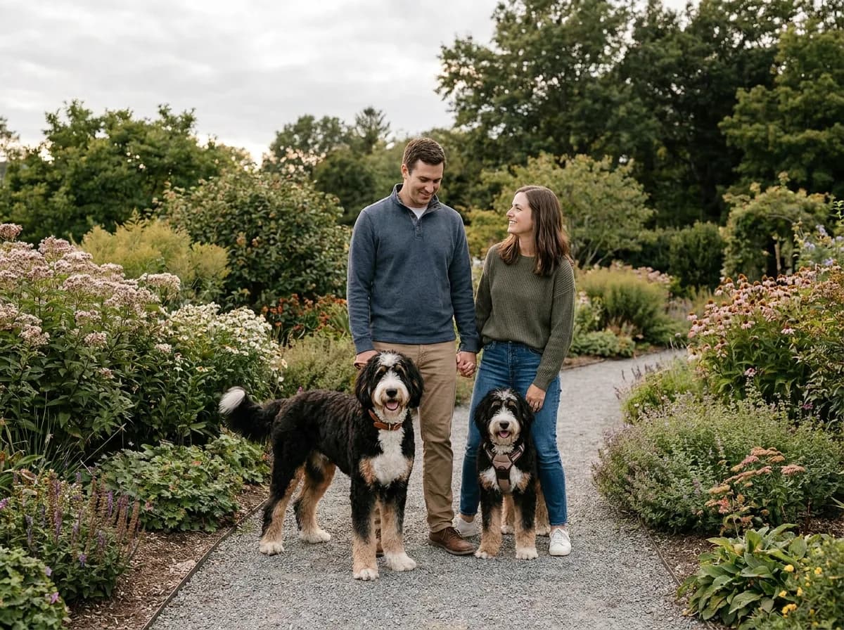 Two adult Bernedoodles of different sizes standing beside their owners on a garden path.