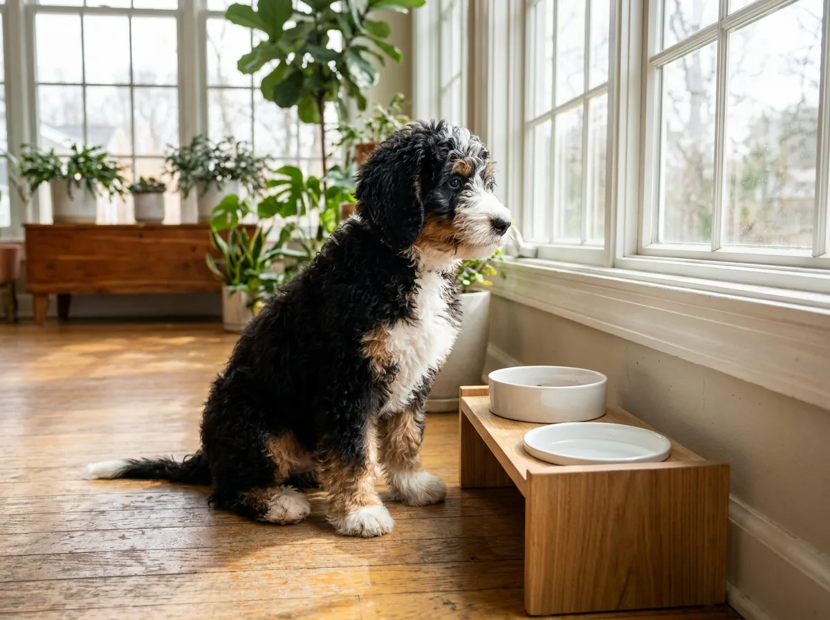 Bernedoodle puppy beside its owner and a feeding bowl.