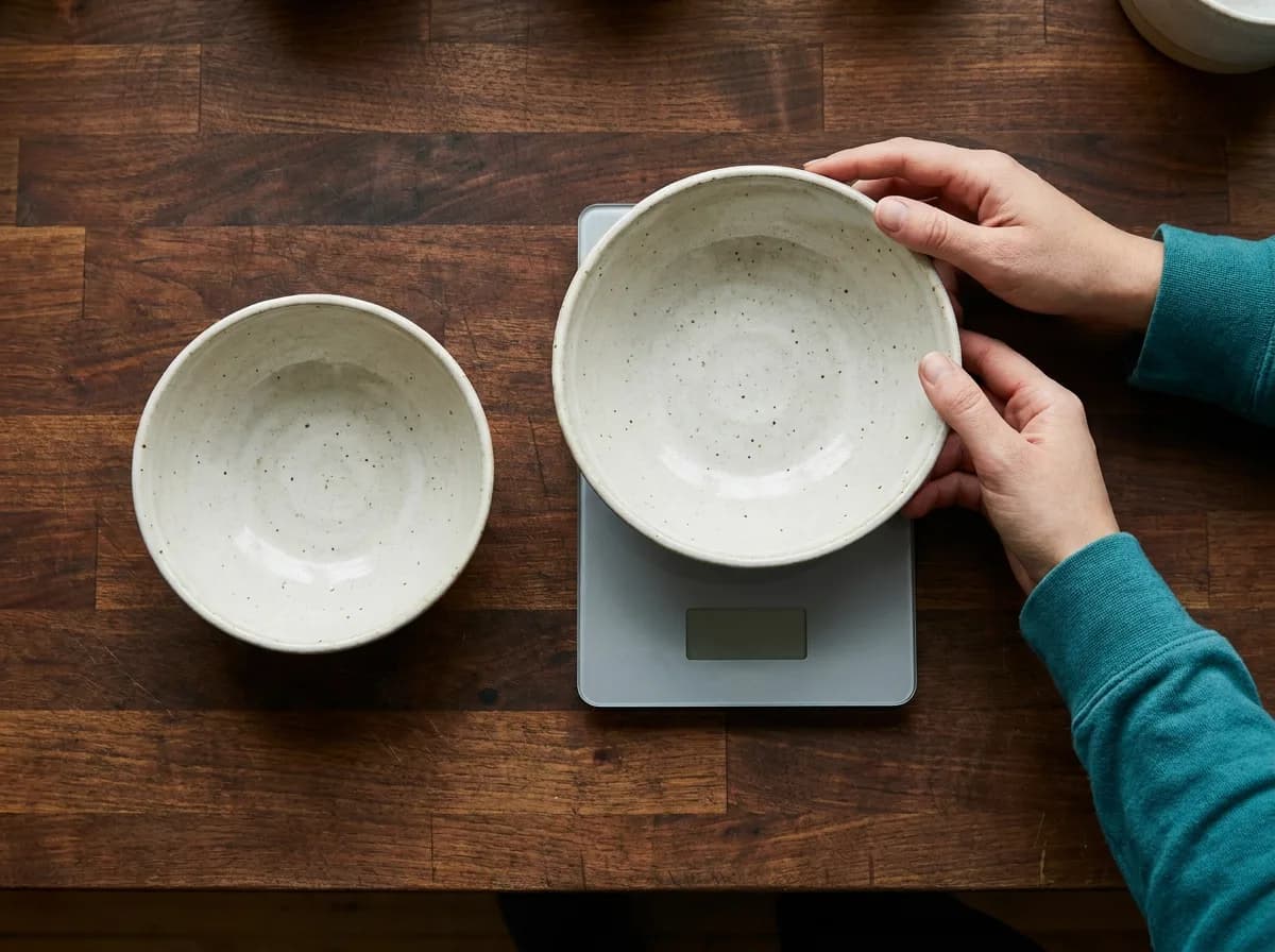 Overhead view of hands positioning an empty ceramic bowl on a kitchen scale beside a second empty bowl.