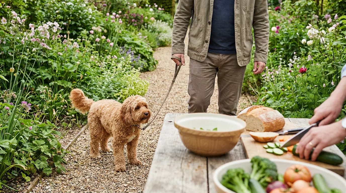 A Cavapoo beside its owner in a garden.