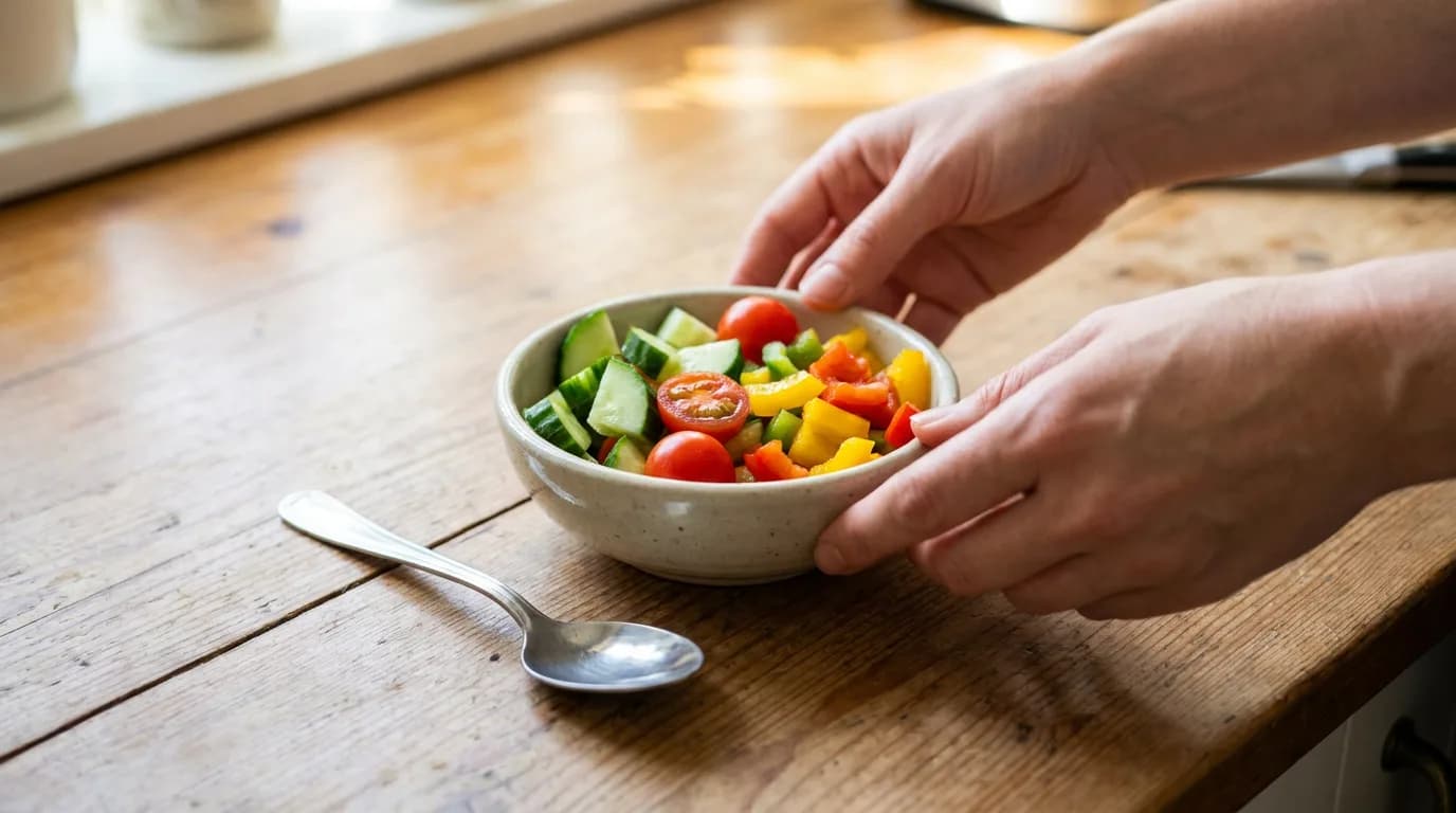 Hands hold a bowl of prepared food beside a spoon.