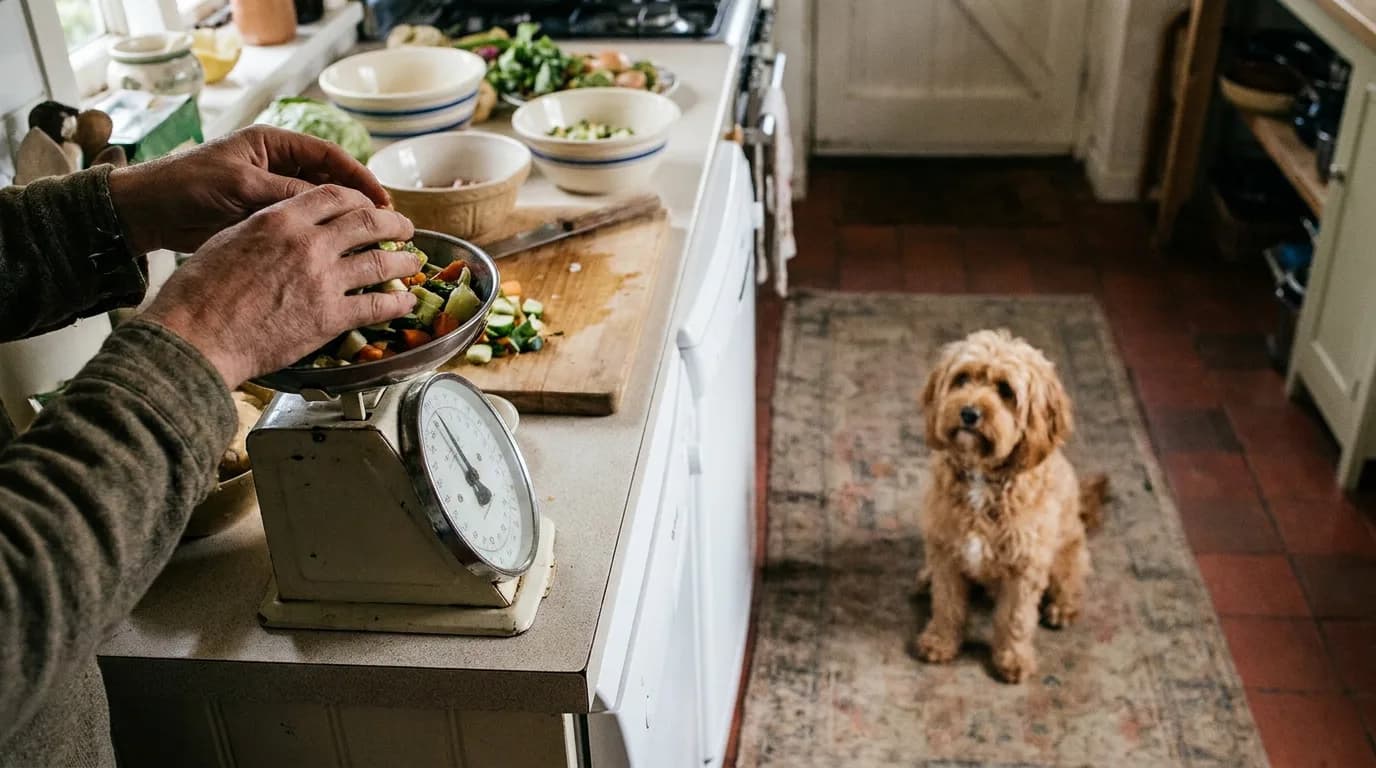 An owner measures food while a Cavapoo waits nearby.